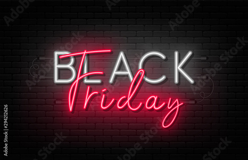 Black Friday sale. Black Friday neon sign on brick wall background. Glowing white and red neon text for advertising and promotion. Banner and background, brochure and flyer design concept