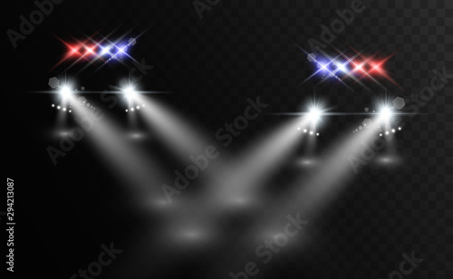 Realistic white glow round beams of car headlights, isolated on transparent background. Police car. Light from headlights. Police patrol.