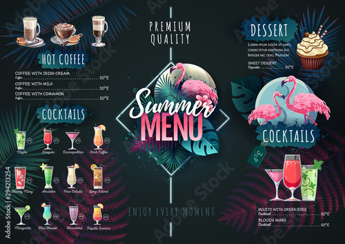 Summer menu design with flamingo and tropic leaves. Restaurant menu