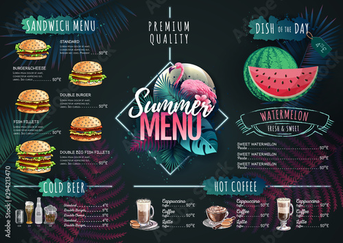 Summer menu design with flamingo and tropic leaves. Restaurant menu