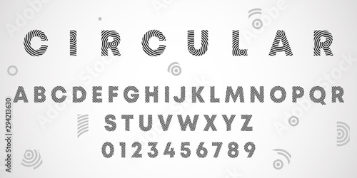 Alphabet letters and numbers of circular design. Round lines font template. Vector illustration