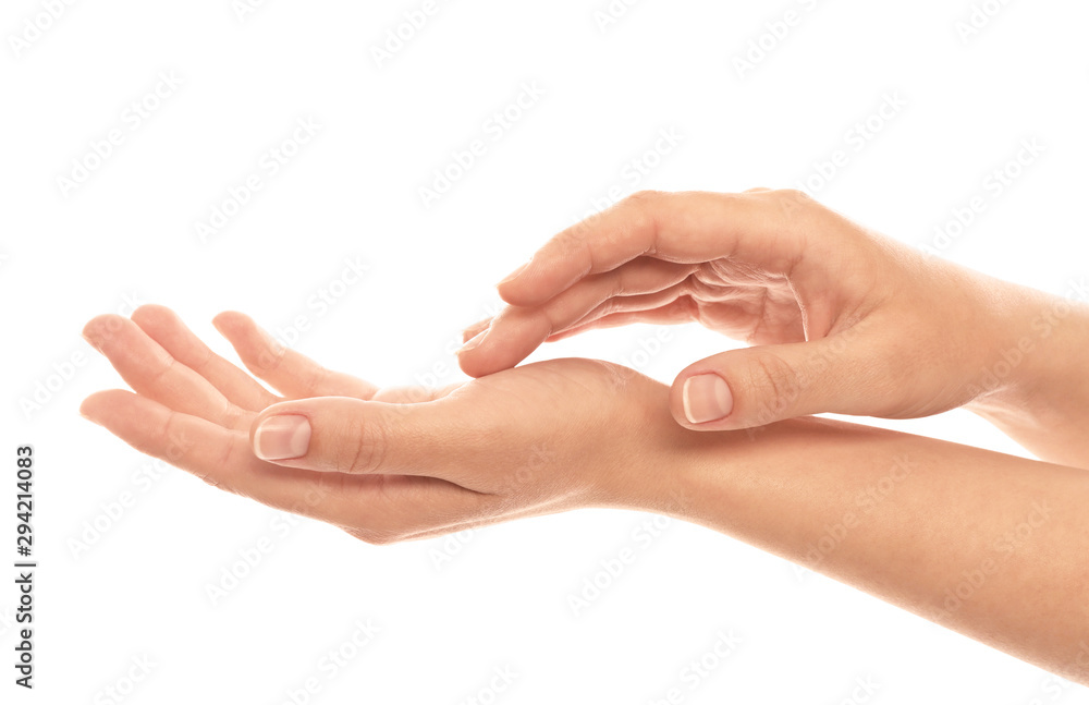 Young woman showing hands on white background, closeup - obrazy, fototapety, plakaty 