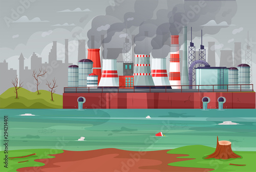Environmental pollution vector illustration. Air pollution, pollutant fog gas and industrial smog. Factories emitting smoke through chimneys