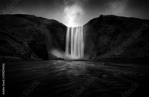 Black and white view to stunning Skogafoss waterfall
