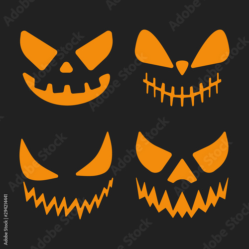 Halloween pumpkins stencil template set isolated on black background. Vector illustration