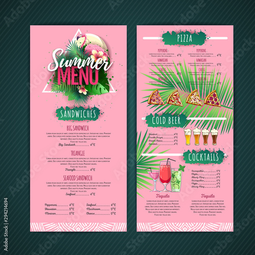 Summer menu design with flamingo and tropic leaves. Restaurant menu