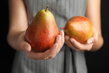 Woman holding ripe juicy pears on black background, closeup