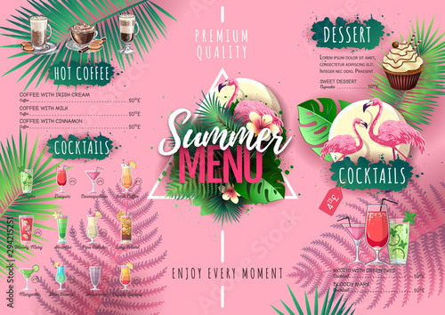 Summer menu design with flamingo and tropic leaves. Restaurant menu