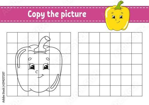 Copy the picture. Coloring book pages for kids. Education developing worksheet. Game for children. Handwriting practice. Funny character. Cute cartoon vector illustration.