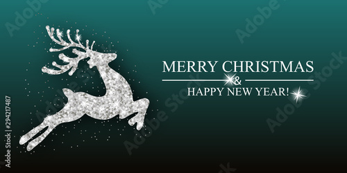 Christmas banner decoration Silver deer. Bright design element for Xmas and New year. Template for greeting card or poster. Vector