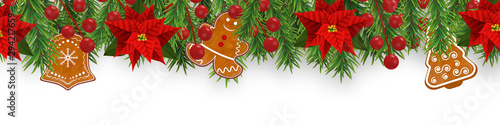 Christmas border decorations with fir branches, poinsettia, holly berries, gingerbread cookies and golden ribbons. Design element for Xmas isolated on white background. Vector