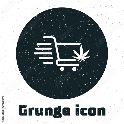 Grunge Shopping cart with marijuana or cannabis leaf icon isolated on white background. Online buying. Delivery service. Supermarket basket. Vector Illustration