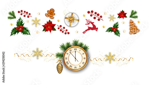 Christmas composition of festive elements cookies, holly berries, clock, poinsettia, snowflakes, gift box, Christmas tree decorations on white background. Xmas border or banner. Vector