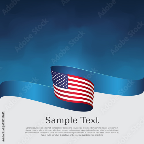 USA flag background. Wavy ribbon color flag of usa on a blue white background. National american poster. Vector tricolor design. State american patriotic banner, cover, flyer