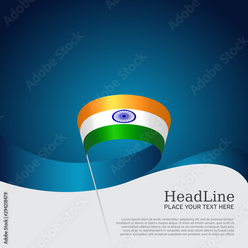 India flag background. Wavy ribbon colors flag of india on blue white background. National poster. Vector design. State indian patriotic banner, cover, flyer
