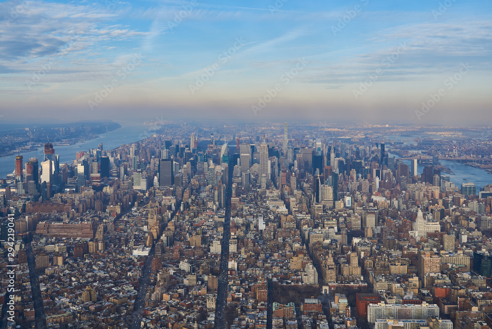 Aerial of midtown Manhattan looking north towards central park