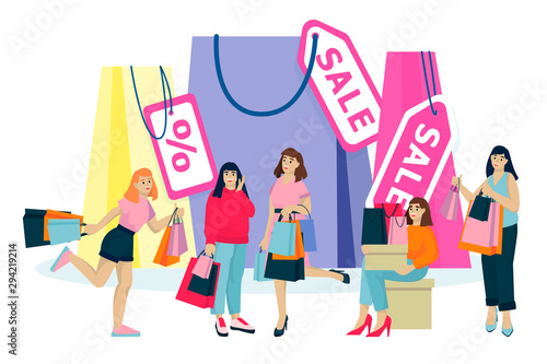 Happy young women with shopping bags make shopping. Vector flat cartoon illustration. Fashion seasonal sale concept.