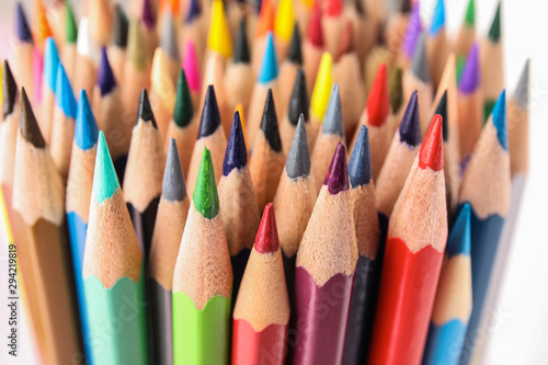 Different color pencils on white background, closeup view