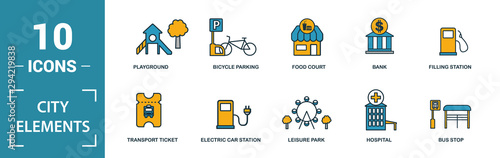 City Elements icon set. Include creative elements restroom sign, public park, bicycle parking, hostel, playground icons. Can be used for report, presentation, diagram, web design