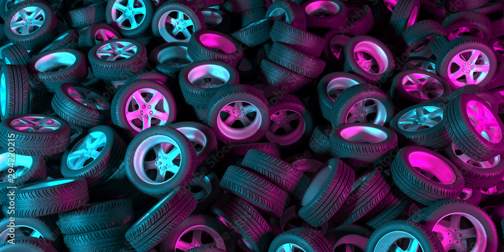black wheels on a black background in neon lighting, 3d illustration black wheels on a black background in neon lighting, 3d illustration