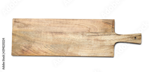 Empty wooden board isolated on white, top view