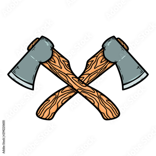 Crossed axes isolated on white background. Design element for emblem, sign, badge. Vector illustration
