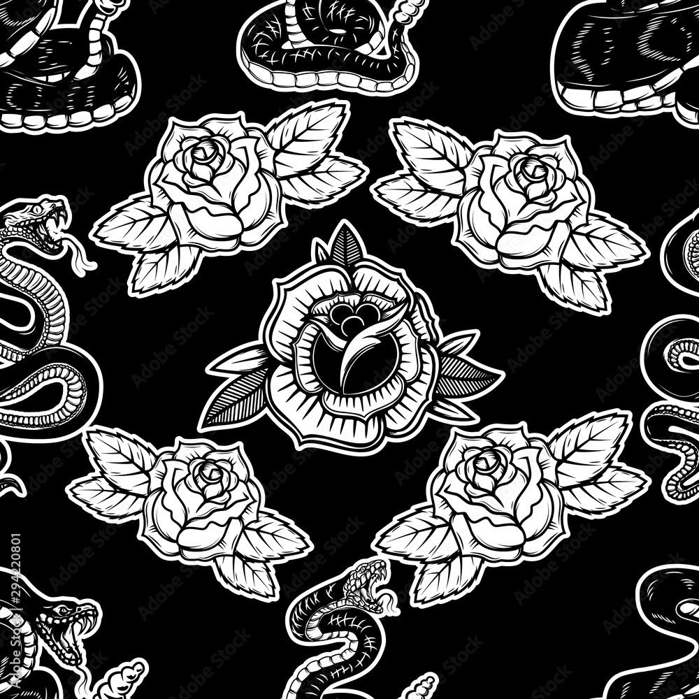 Seamless pattern with snakes and roses. Design element for poster, card, banner, t shirt. Vector illustration Seamless pattern with snakes and roses. Design element for poster, card, banner, t shirt. Vector illustration