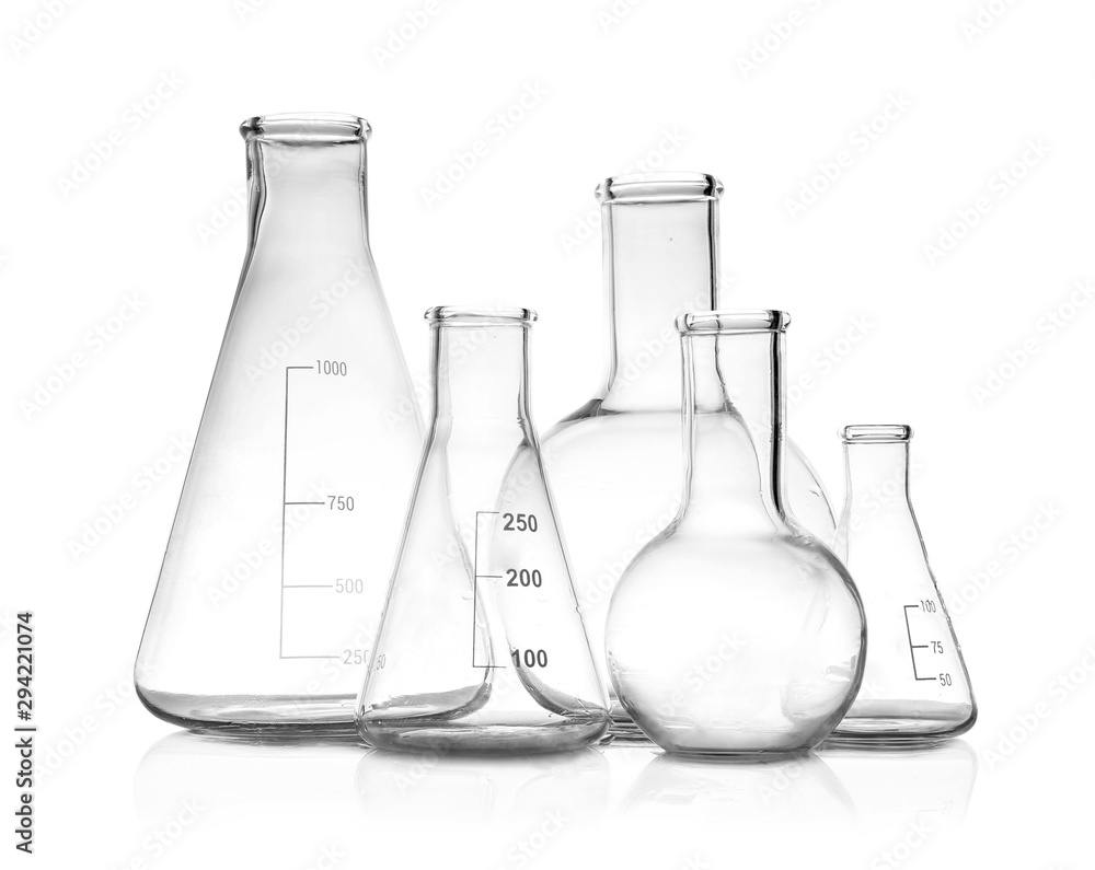Set of empty laboratory glassware on white background Set of empty laboratory glassware on white background