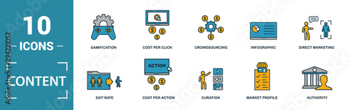 Content icon set. Include creative elements cost per click, crowdsourcing, curation, exit rate, gamification icons. Can be used for report, presentation, diagram, web design