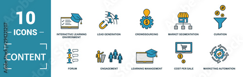 Content icon set. Include creative elements cost per click, crowdsourcing, curation, exit rate, gamification icons. Can be used for report, presentation, diagram, web design