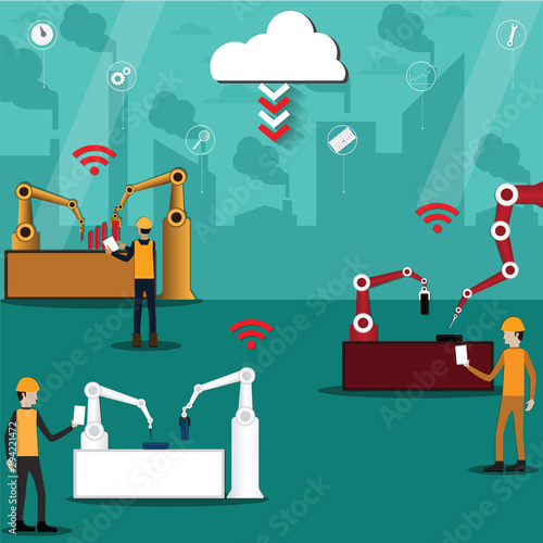 Flat design of wireless technology and big data,vector illustration concept showing smart industry,factory using artificial intelligence machinery,Industrial Internet of things,vector illustration