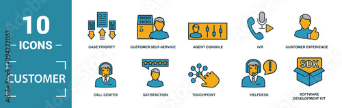 Customer Service icon set. Include creative elements agent console, case priority, satisfaction, helpdesk, knowledge base icons. Can be used for report, presentation, diagram, web design