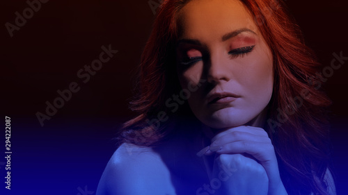 Canvas Print Fashionable portrait of beautiful redheaded model with naked shoulders, image wi