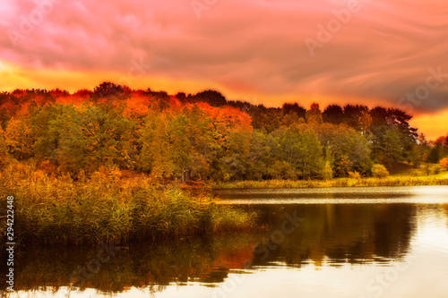 Very nice scenery in the fall. Lake and forest in autumn.