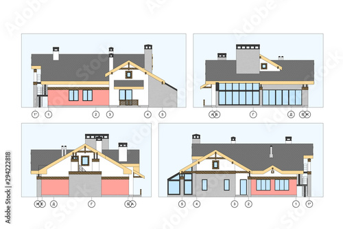 Set of detailed private house facade elements with textures, architectural technical drawing, vector 