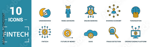 Fintech icon set. Include creative elements online banking, direct payment, fintech, cryptocurrency, fintech industry icons. Can be used for report, presentation, diagram, web design