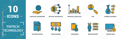 Fintech Technology icon set. Include creative elements basic income, bitcoin technology, online loan, kyc, business model icons. Can be used for report, presentation, diagram, web design