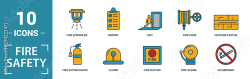 Fire Safety icon set. Include creative elements smoke detector, fire hose, report, no fire, fire sprinkler icons. Can be used for report, presentation, diagram, web design