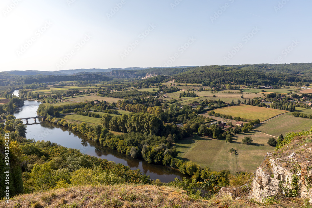 View of the River Dordogne and the Dordogne Valley from the walls of the old town of Domme, Dordogne, France