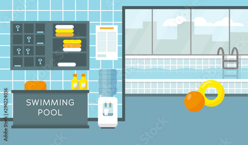 Swimming pool with big window. Reception in sport center. Vector illustration.