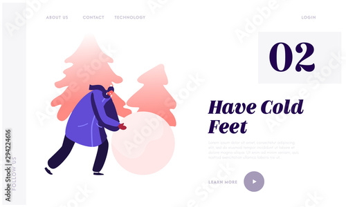Cute Girl Making Snowman Website Landing Page. Woman Rolling Snow Ball on Winter Landscape Background with Fir Trees and Snowdrifts. Vacation Sparetime Web Page Banner Cartoon Flat Vector Illustration