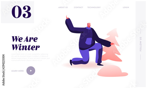 Winter Season Games and Activities Website Landing Page. Happy Man in Warm Earflaps Hat Stand on Knee Aiming with Snow Ball to Somebody. Holidays Relax Web Page Banner Cartoon Flat Vector Illustration