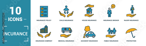 Insurance icon set. Include creative elements medical insurance, travel insurance, life insurance, finance insurance, protection icons. Can be used for report, presentation, diagram, web design