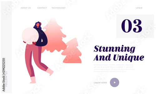 Active Games Outdoors Website Landing Page. Girl in Warm Clothing Carry Big Snow Ball for Making Snowman. Winter Time Leisure and Holidays Sparetime Web Page Banner. Cartoon Flat Vector Illustration