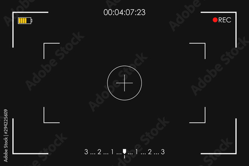 Camera frame viewfinder. Screen of video recorder, video camera digital display template on black background. Vector illustration.