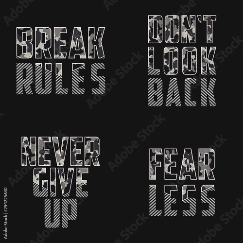 Set of slogans with camouflage texture for t shirt design. Camo t-shirt collection in military and army style. Apparel print with grunge and camouflage. Vector illustration.