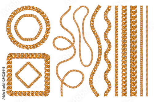 Set of golden chains, gold bracelet and chain brushes and frames. Different gold links, flat jewelry elements. Vector illustration.