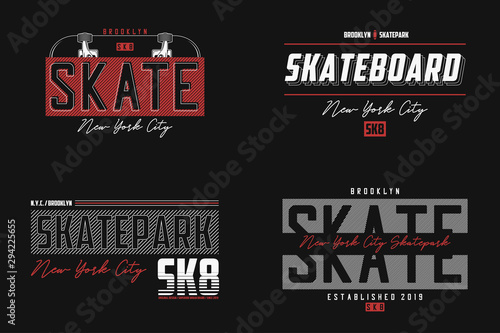 Set of skateboard New York t-shirt. Brooklyn skateboarding slogan print for t shirt. Apparel typography graphics for skate board theme. Vector illustration.