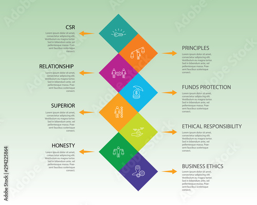 Business Ethics Infographics vector design. Timeline concept include csr, behavior, principles icons. Can be used for report, presentation, diagram, web design