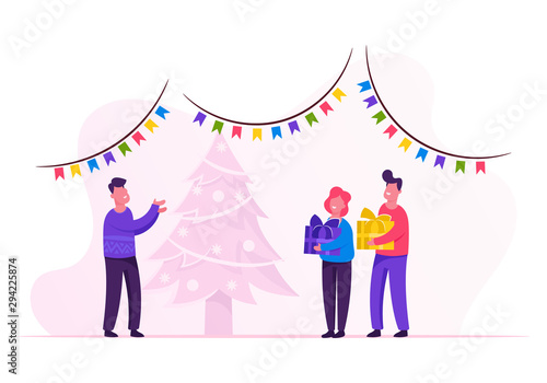 New Year Night. Father Giving Gifts to Children. Young Boy and Girl Holding Wrapped Giftboxes Standing at Decorated Christmas Tree at Home Happy Family Winter Holidays Cartoon Flat Vector Illustration